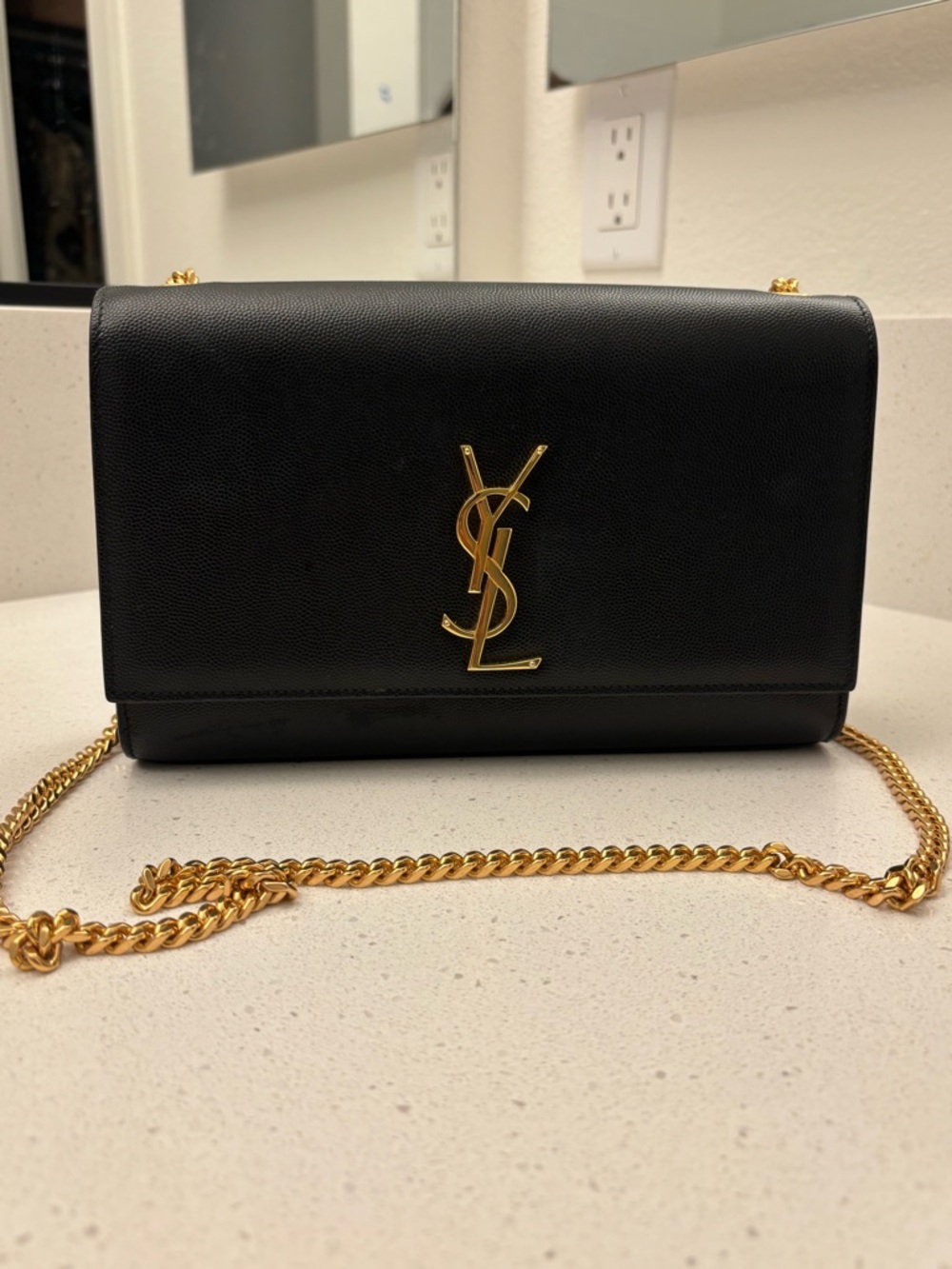 Saint Laurent Black Leather YSL Chain Crossbody with Gold Hardware